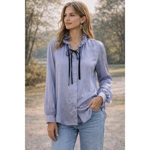 Sundance Silk Blend Ruffle Collar Tie Blouse Periwinkle Blue Womens XL Boho Top